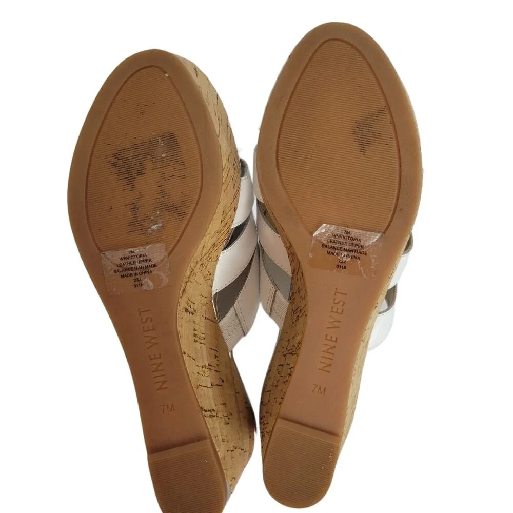 Nine West Womens White Leather‎ Silver Wedge Mules Sandals Shoes Size 7M